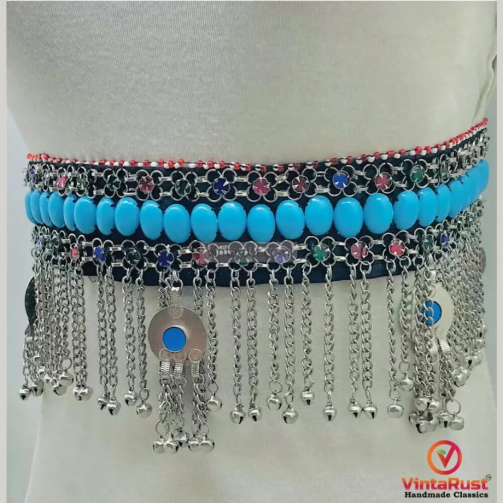 Handmade Kuchi Belt: Turquoise Stones, Bells, Boho Belly Dance Jewelry
